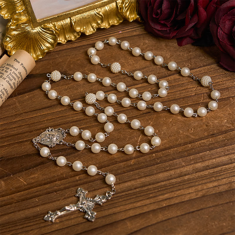 Christianartworkshop Our Lady Medal & Crucifix of 8mm White Acrylic Round Beads Rosary