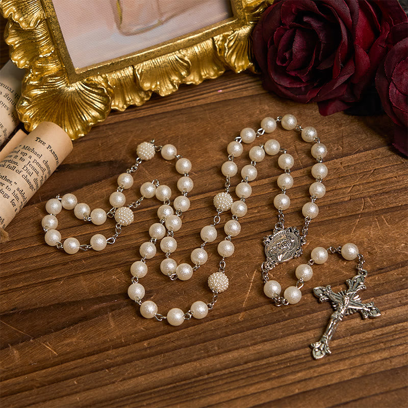 Christianartworkshop Our Lady Medal & Crucifix of 8mm White Acrylic Round Beads Rosary