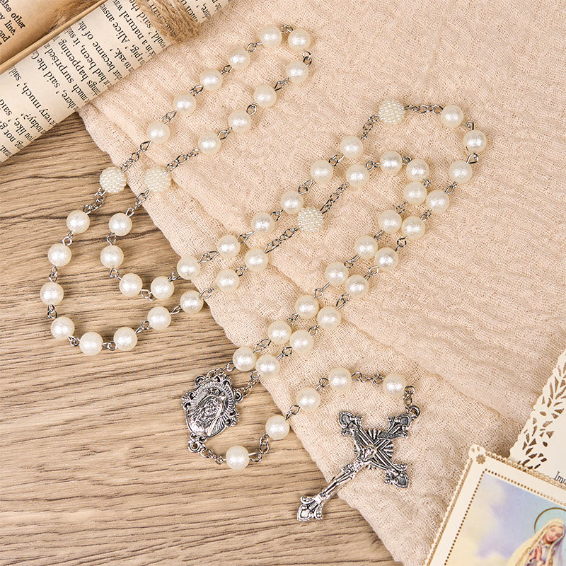 Christianartworkshop Our Lady Medal & Crucifix of 8mm White Acrylic Round Beads Rosary