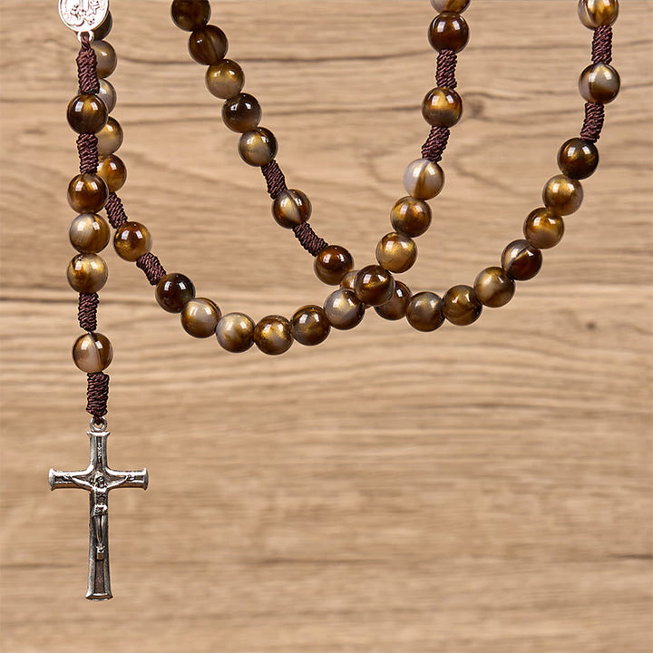 Christianartworkshop Our Lady Medal & Crucifix of 10mm Brown Acrylic Round Beads Divine Rosary