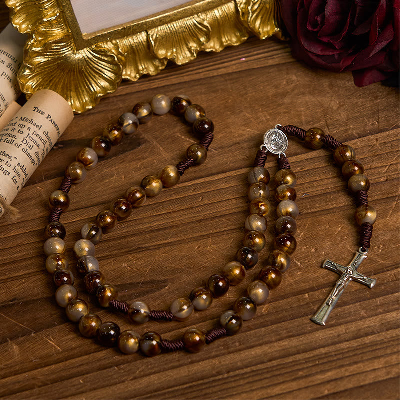 Christianartworkshop Our Lady Medal & Crucifix of 10mm Brown Acrylic Round Beads Divine Rosary