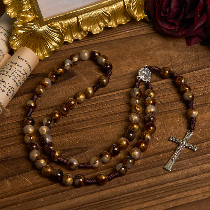 Christianartworkshop Our Lady Medal & Crucifix of 10mm Brown Acrylic Round Beads Divine Rosary