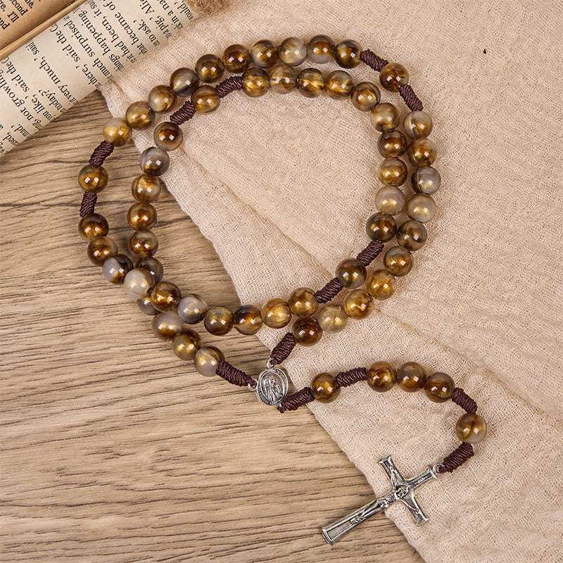 Christianartworkshop Our Lady Medal & Crucifix of 10mm Brown Acrylic Round Beads Divine Rosary