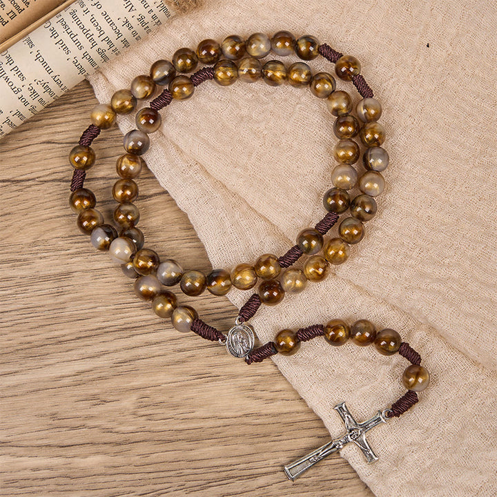 Christianartworkshop Our Lady Medal & Crucifix of 10mm Brown Acrylic Round Beads Divine Rosary