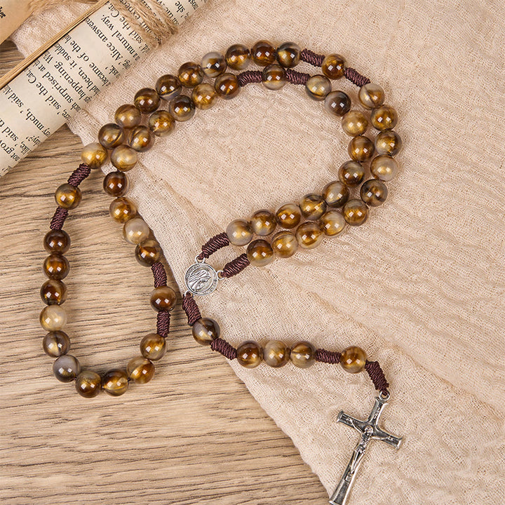 Christianartworkshop Our Lady Medal & Crucifix of 10mm Brown Acrylic Round Beads Divine Rosary