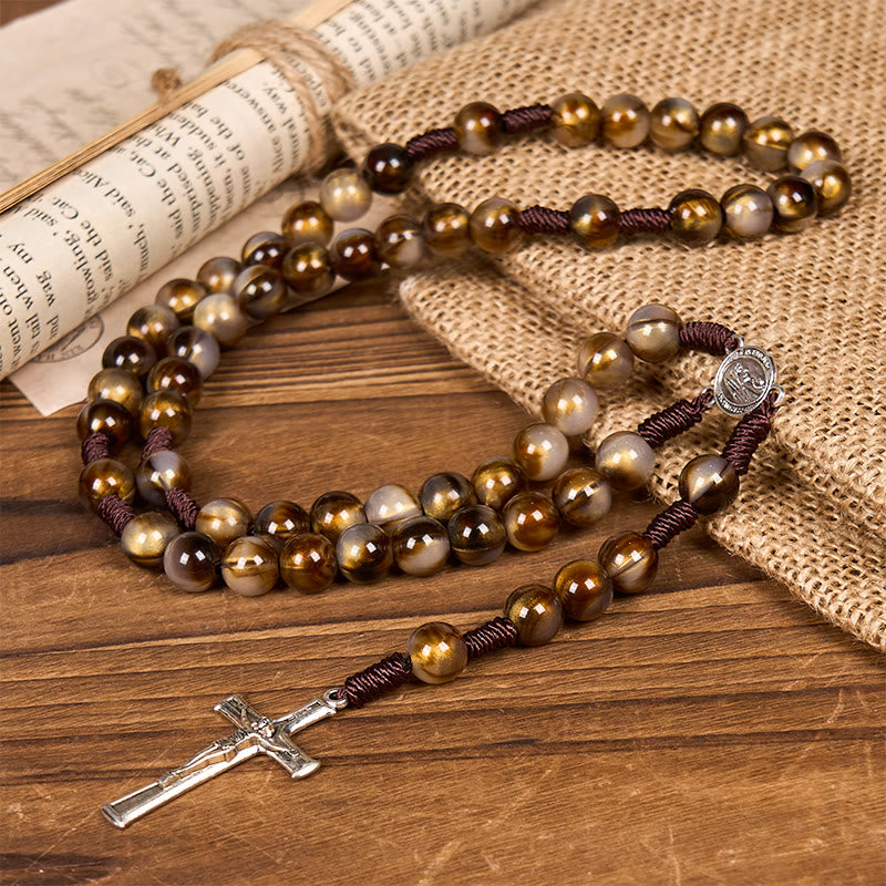 Christianartworkshop Our Lady Medal & Crucifix of 10mm Brown Acrylic Round Beads Divine Rosary