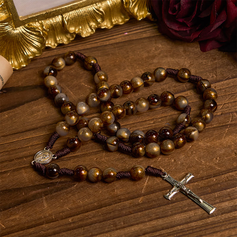Christianartworkshop Our Lady Medal & Crucifix of 10mm Brown Acrylic Round Beads Divine Rosary