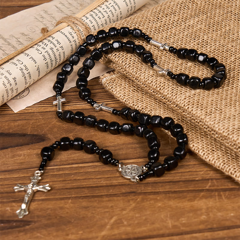 Christianartworkshop St. Benedict Medal & Crucifix of 8mm Black Wood Round Beads Rosary