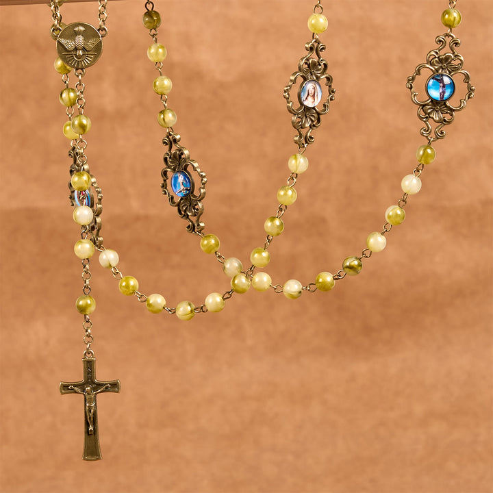 Christianartworkshop Holy Spirit & Crucifix of Special Vintage Metal Decade 8mm Yellow Green Beads Rosary