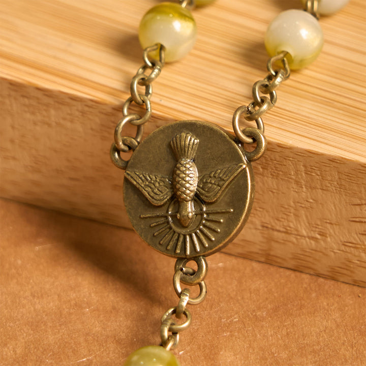 Christianartworkshop Holy Spirit & Crucifix of Special Vintage Metal Decade 8mm Yellow Green Beads Rosary