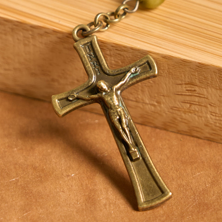 Christianartworkshop Holy Spirit & Crucifix of Special Vintage Metal Decade 8mm Yellow Green Beads Rosary