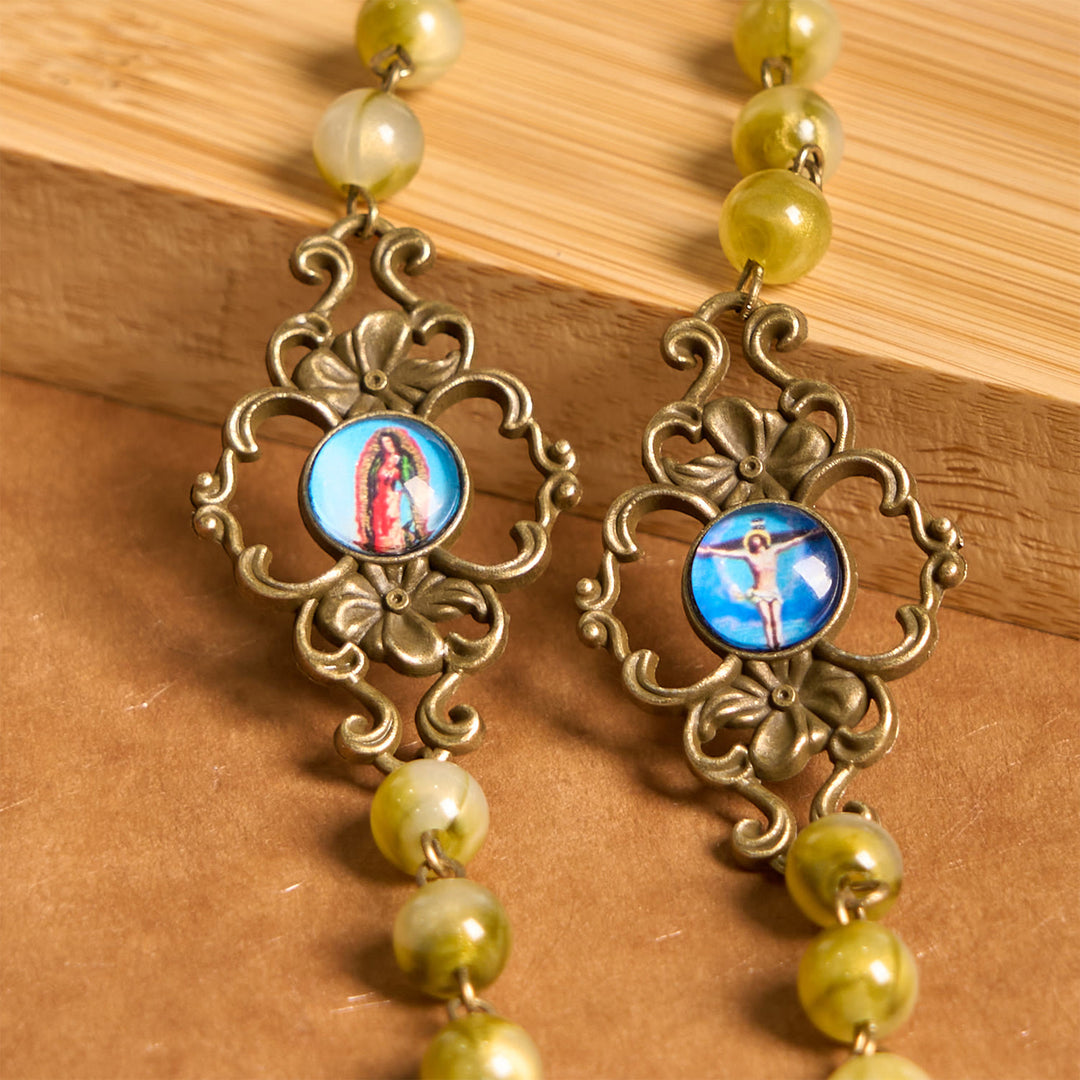 Christianartworkshop Holy Spirit & Crucifix of Special Vintage Metal Decade 8mm Yellow Green Beads Rosary