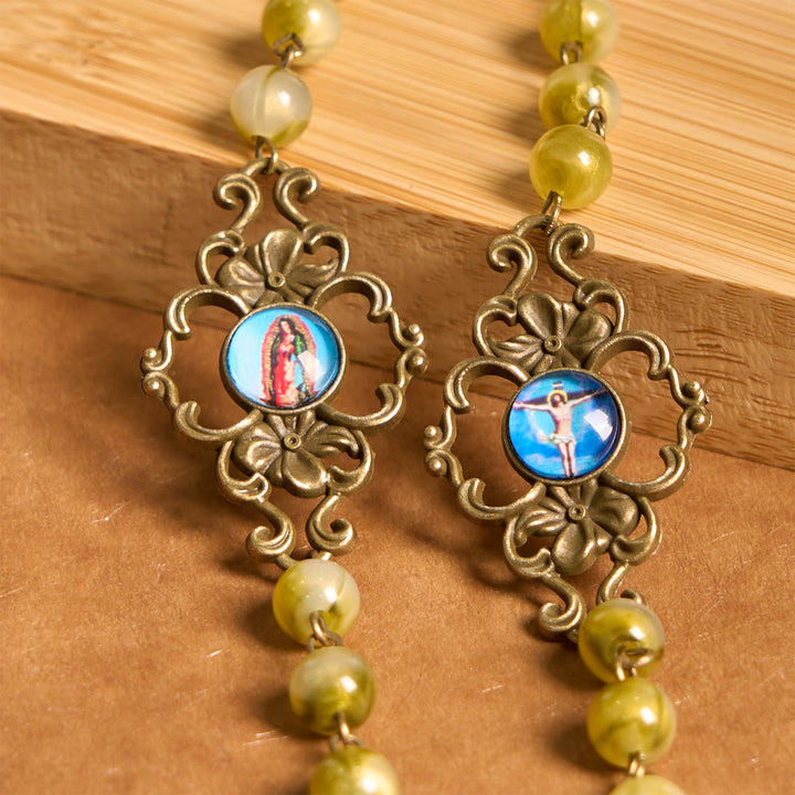 Christianartworkshop Holy Spirit & Crucifix of Special Vintage Metal Decade 8mm Yellow Green Beads Rosary