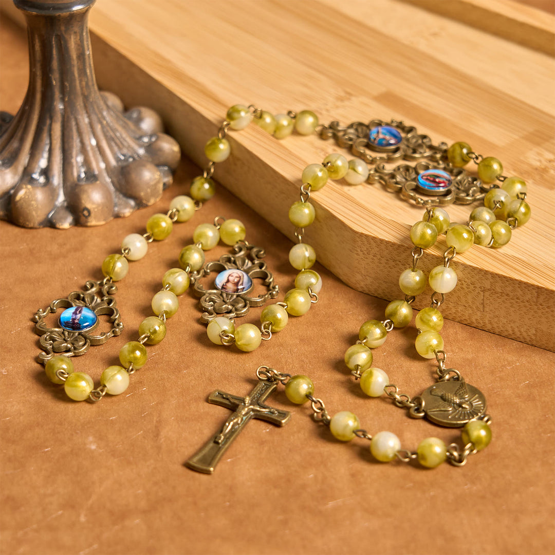 Christianartworkshop Holy Spirit & Crucifix of Special Vintage Metal Decade 8mm Yellow Green Beads Rosary