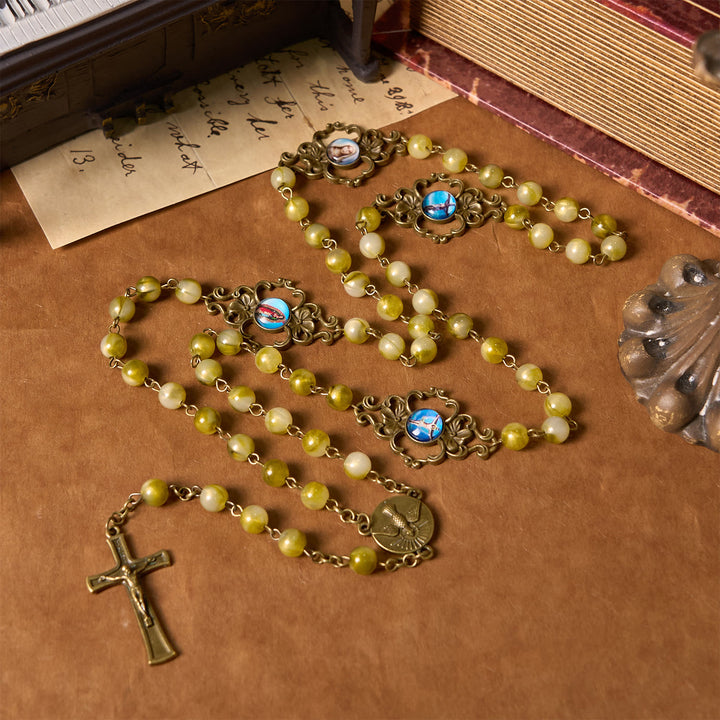 Christianartworkshop Holy Spirit & Crucifix of Special Vintage Metal Decade 8mm Yellow Green Beads Rosary