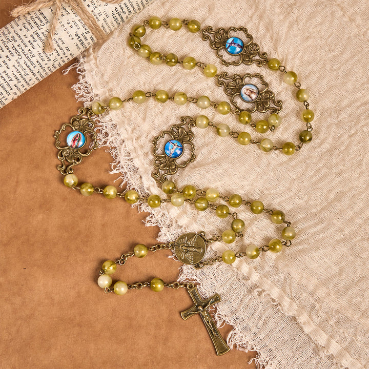 Christianartworkshop Holy Spirit & Crucifix of Special Vintage Metal Decade 8mm Yellow Green Beads Rosary