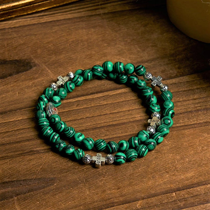 Christianartworkshop Green Malachite Beads Cross I Love Jesus Faith Rosary Bracelet