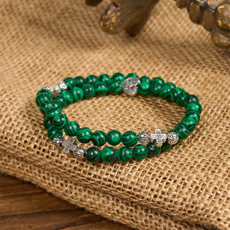 Christianartworkshop Green Malachite Beads Cross I Love Jesus Faith Rosary Bracelet
