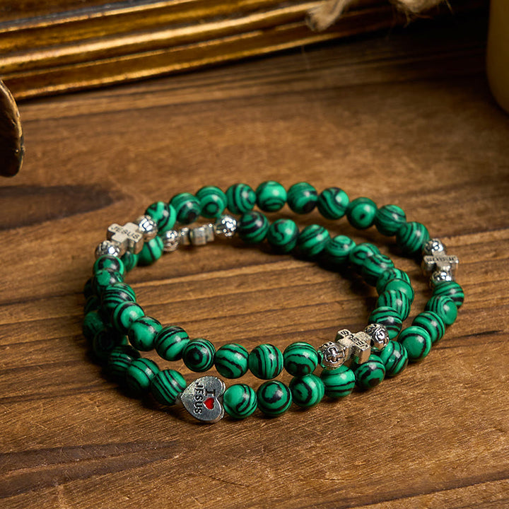 Christianartworkshop Green Malachite Beads Cross I Love Jesus Faith Rosary Bracelet