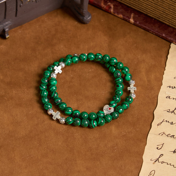 Christianartworkshop Green Malachite Beads Cross I Love Jesus Faith Rosary Bracelet