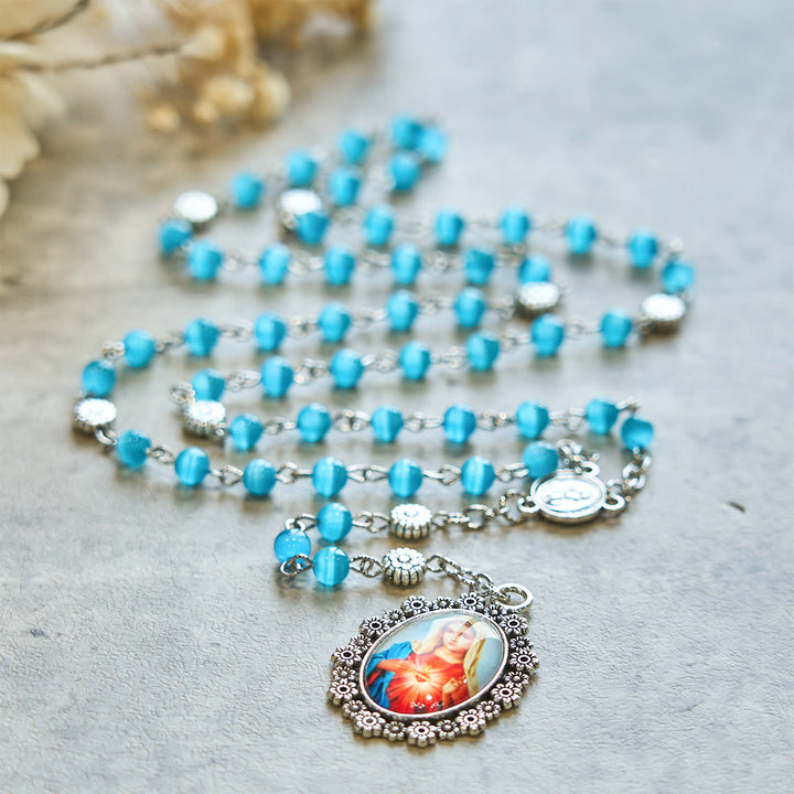 Christianartworkshop Immaculate Heart of Mary 6mm Glass Shiny Beads Lake Blue 7 Sorrows Rosary