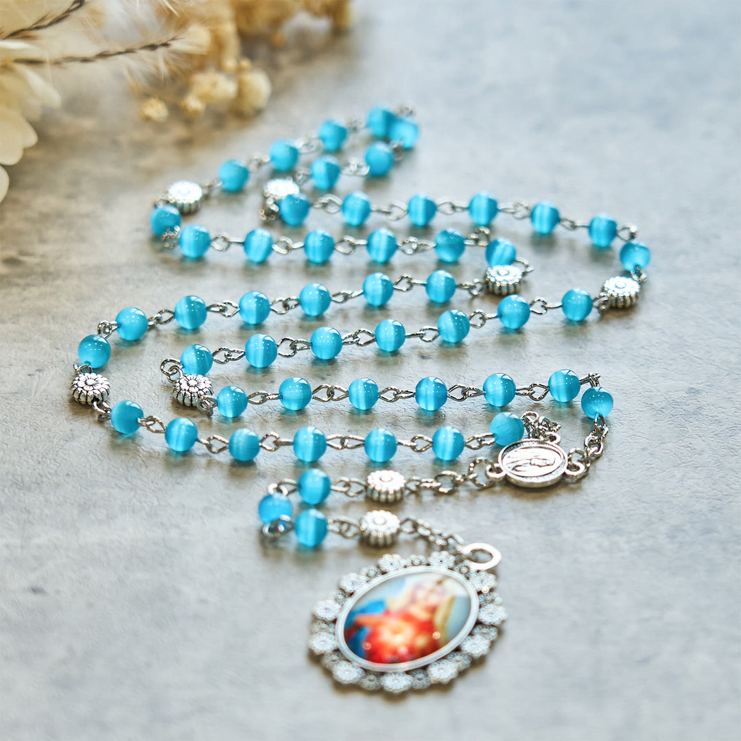 Christianartworkshop Immaculate Heart of Mary 6mm Glass Shiny Beads Lake Blue 7 Sorrows Rosary