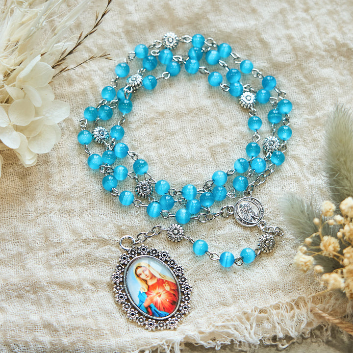 Christianartworkshop Immaculate Heart of Mary 6mm Glass Shiny Beads Lake Blue 7 Sorrows Rosary