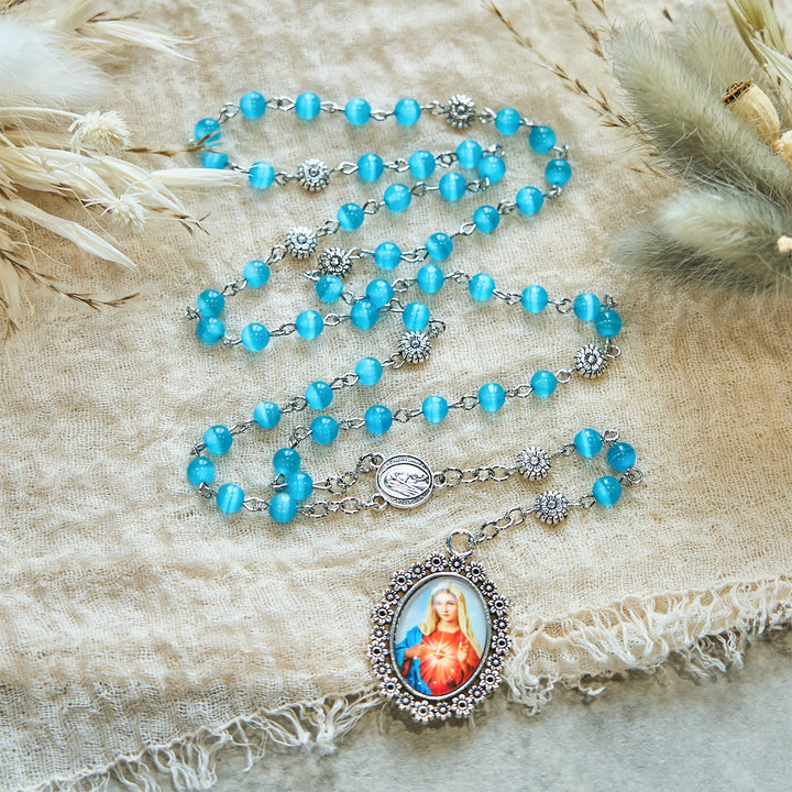 Christianartworkshop Immaculate Heart of Mary 6mm Glass Shiny Beads Lake Blue 7 Sorrows Rosary