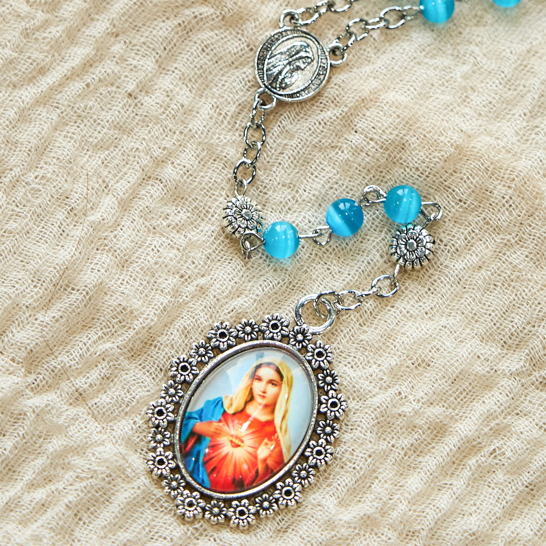 Christianartworkshop Immaculate Heart of Mary 6mm Glass Shiny Beads Lake Blue 7 Sorrows Rosary