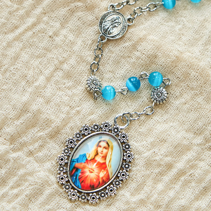 Christianartworkshop Immaculate Heart of Mary 6mm Glass Shiny Beads Lake Blue 7 Sorrows Rosary