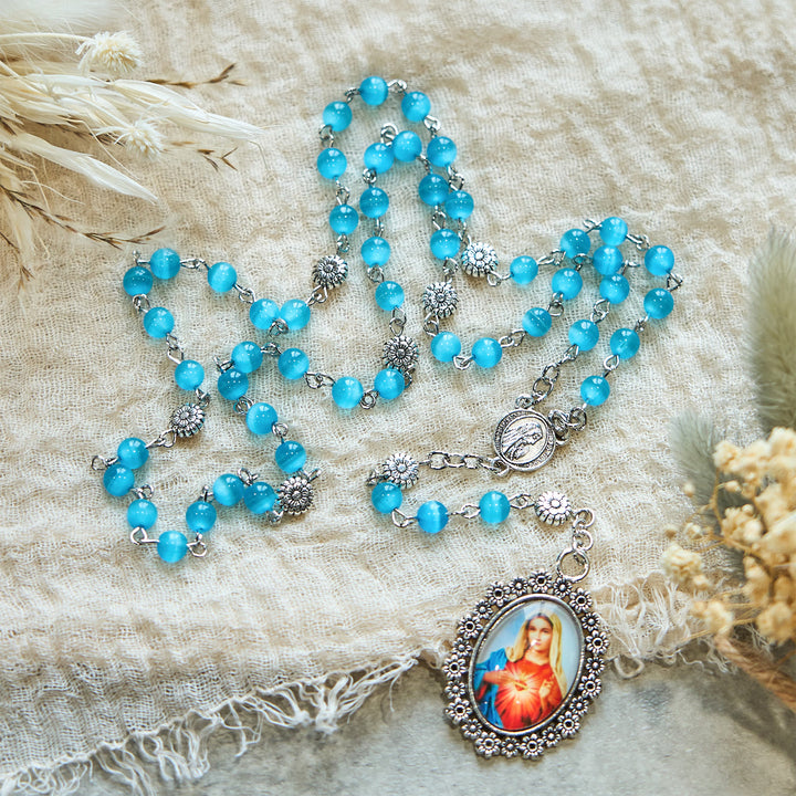Christianartworkshop Immaculate Heart of Mary 6mm Glass Shiny Beads Lake Blue 7 Sorrows Rosary
