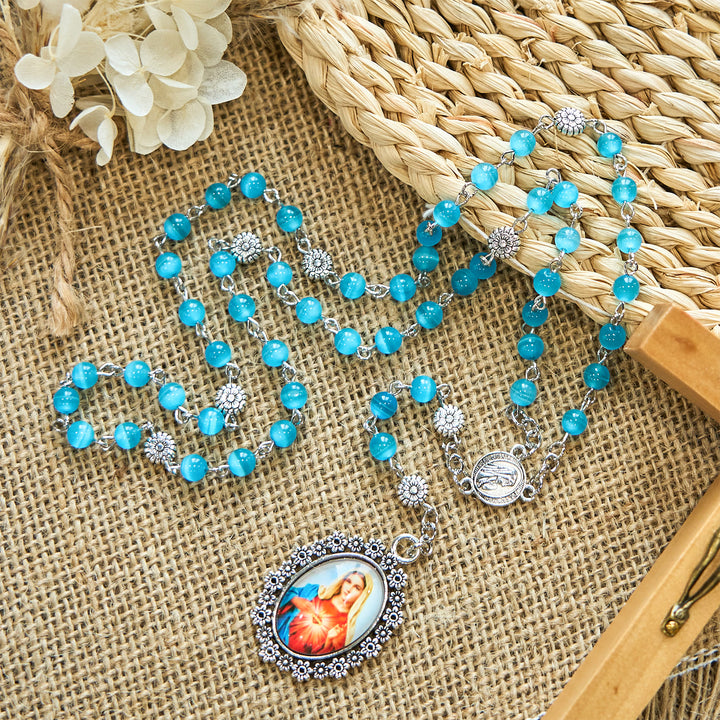 Christianartworkshop Immaculate Heart of Mary 6mm Glass Shiny Beads Lake Blue 7 Sorrows Rosary