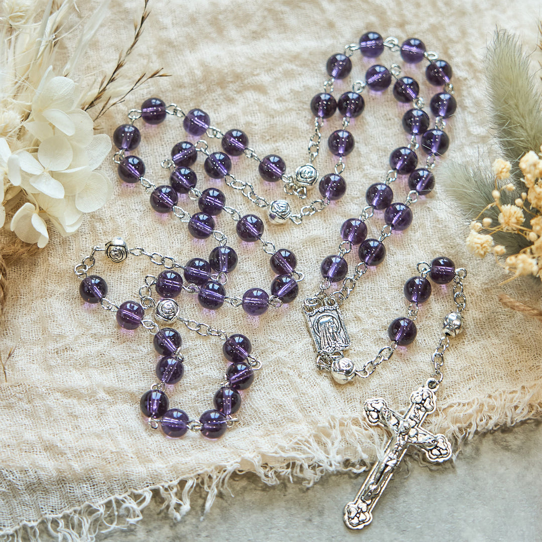 Christianartworkshop Clear Purple Glass Beads Devotion Rosary with Rose Our Father Beads