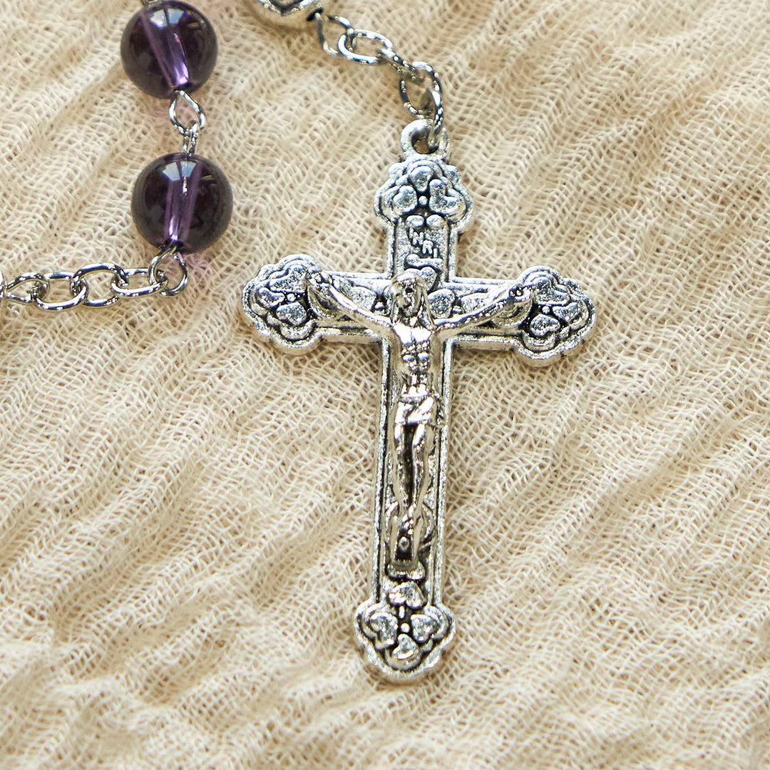 Christianartworkshop Clear Purple Glass Beads Devotion Rosary with Rose Our Father Beads