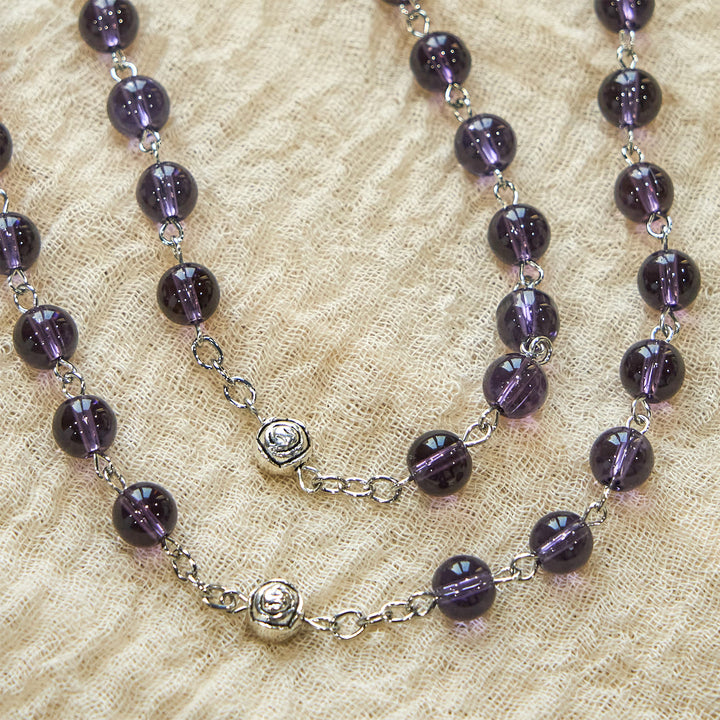Christianartworkshop Clear Purple Glass Beads Devotion Rosary with Rose Our Father Beads