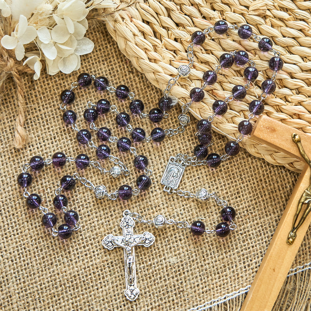 Christianartworkshop Clear Purple Glass Beads Devotion Rosary with Rose Our Father Beads