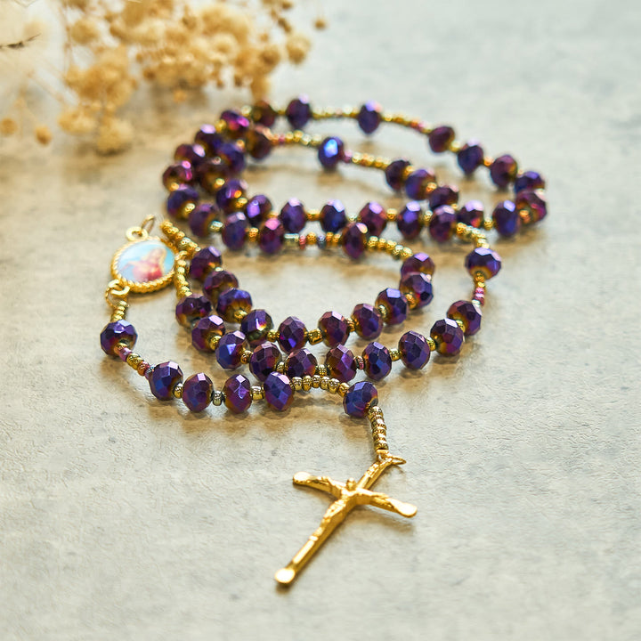 Christianartworkshop Our Lady Medal & Crucifix of 8mm Purple Glass & Crystal Beads Rosary