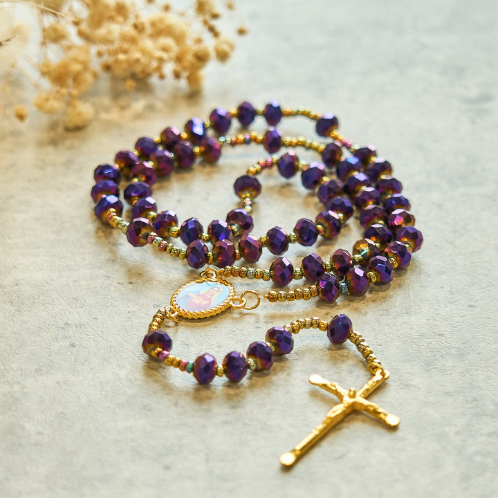 Christianartworkshop Our Lady Medal & Crucifix of 8mm Purple Glass & Crystal Beads Rosary
