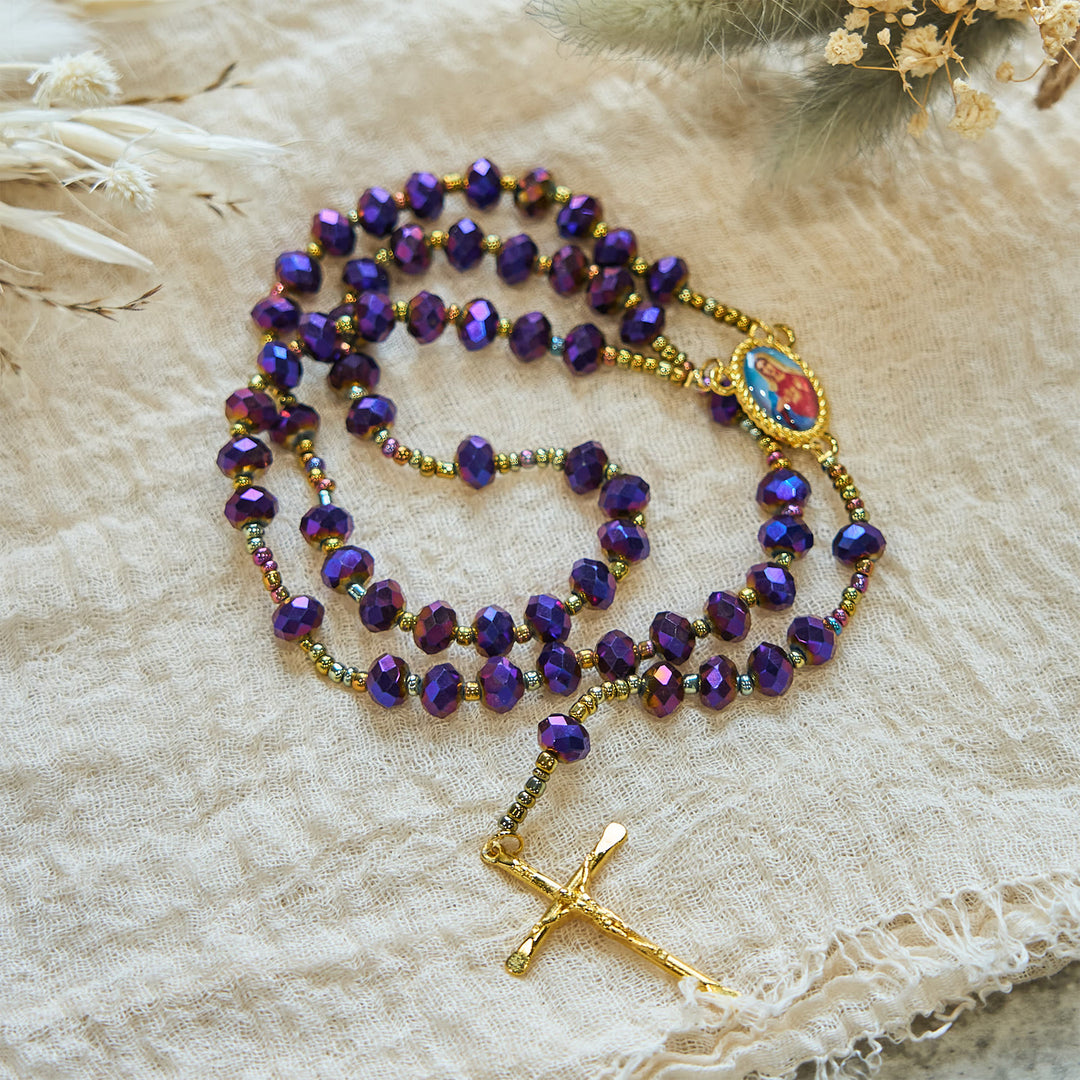 Christianartworkshop Our Lady Medal & Crucifix of 8mm Purple Glass & Crystal Beads Rosary