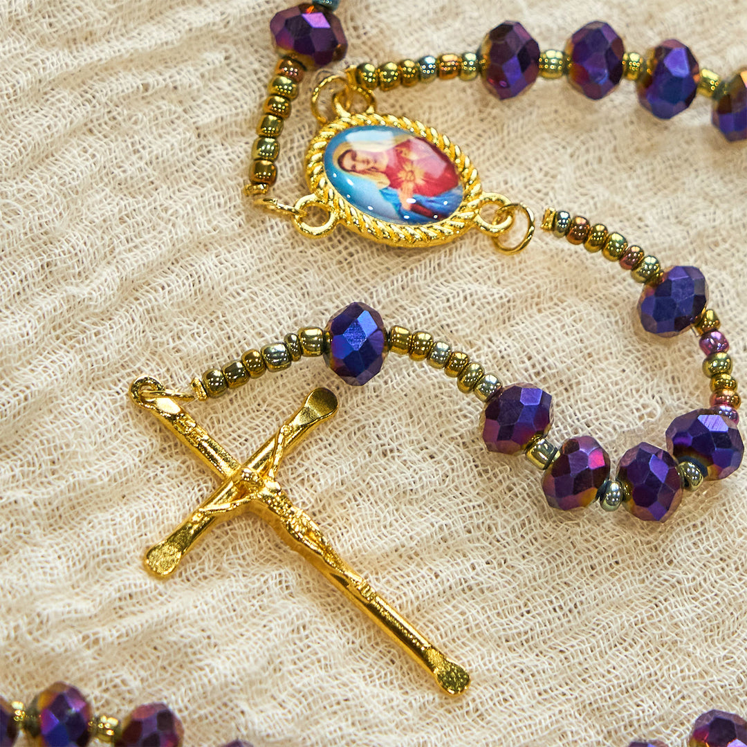 Christianartworkshop Our Lady Medal & Crucifix of 8mm Purple Glass & Crystal Beads Rosary