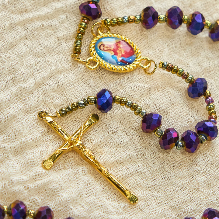 Christianartworkshop Our Lady Medal & Crucifix of 8mm Purple Glass & Crystal Beads Rosary