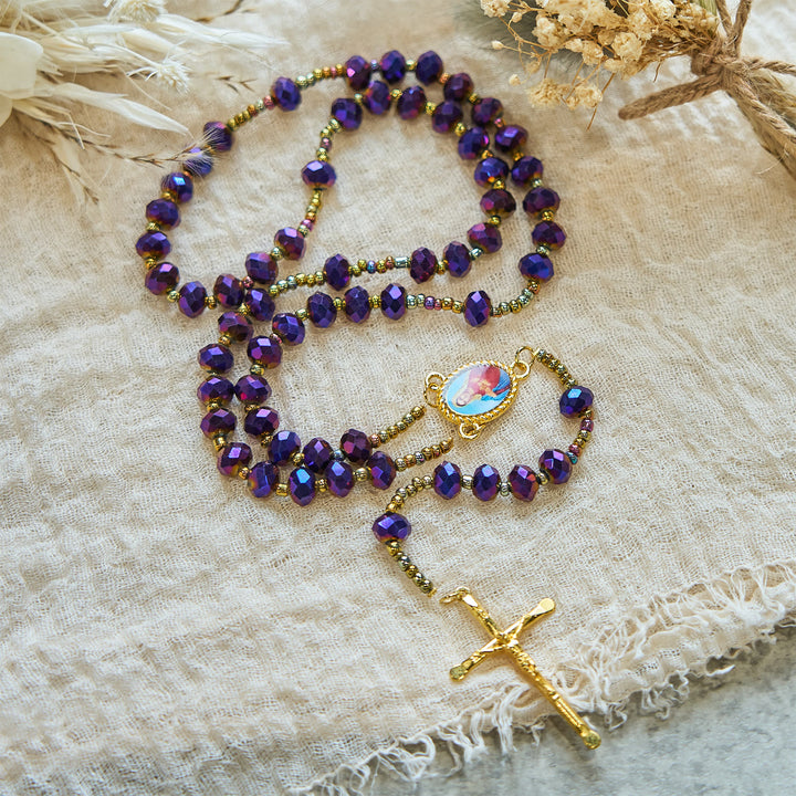 Christianartworkshop Our Lady Medal & Crucifix of 8mm Purple Glass & Crystal Beads Rosary