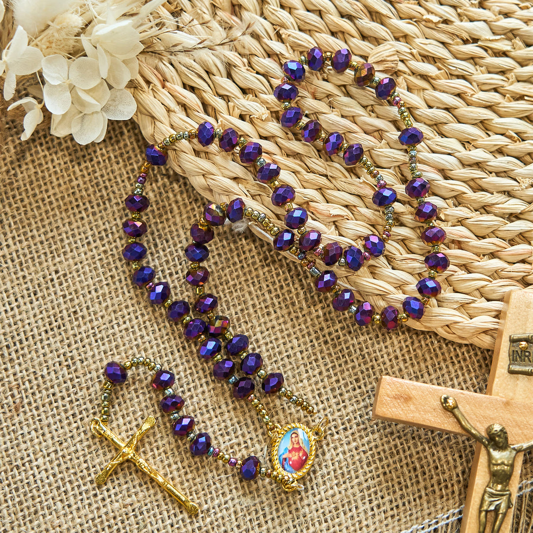 Christianartworkshop Our Lady Medal & Crucifix of 8mm Purple Glass & Crystal Beads Rosary