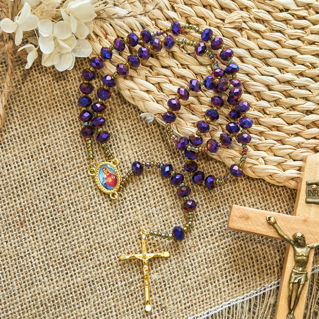 Christianartworkshop Our Lady Medal & Crucifix of 8mm Purple Glass & Crystal Beads Rosary