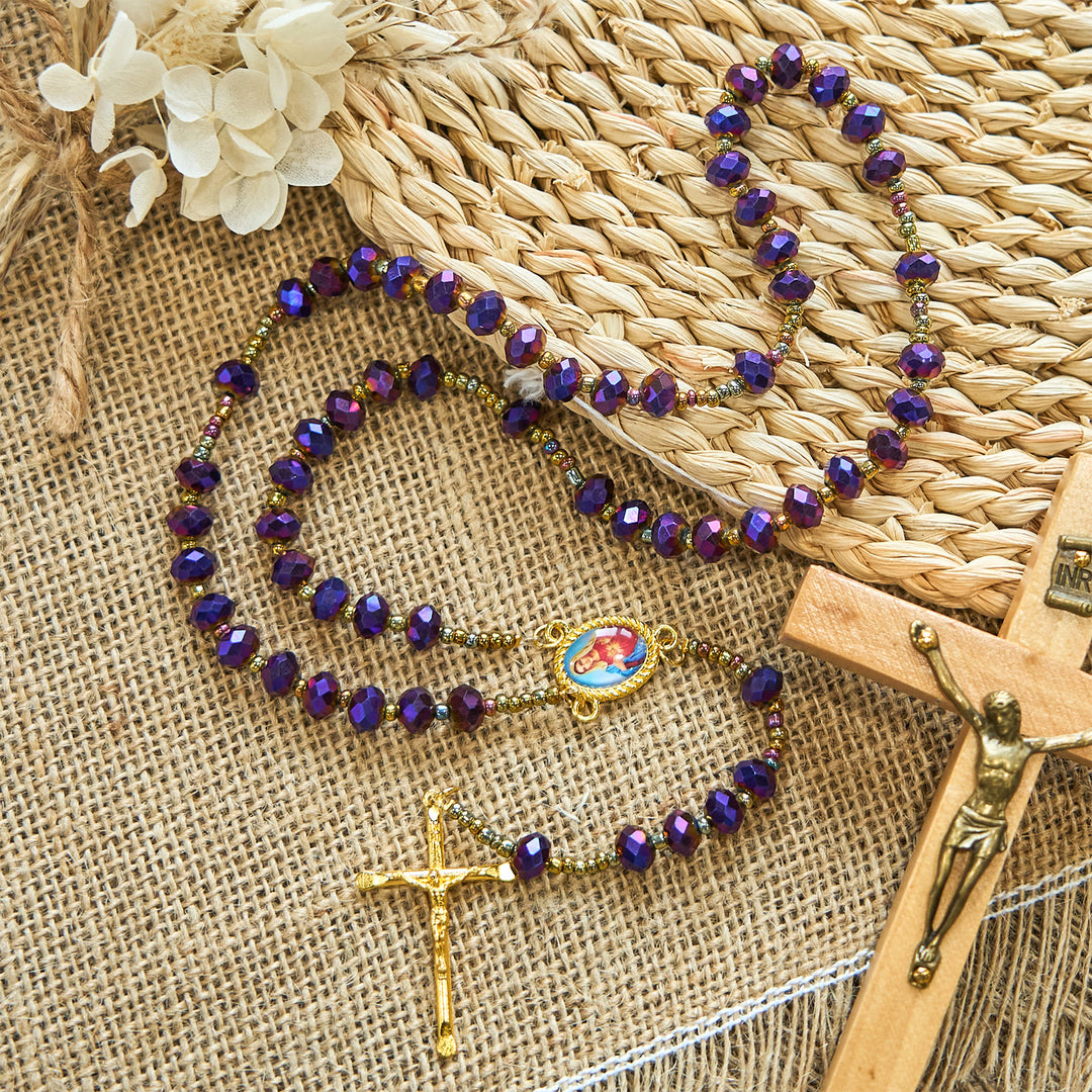 Christianartworkshop Our Lady Medal & Crucifix of 8mm Purple Glass & Crystal Beads Rosary