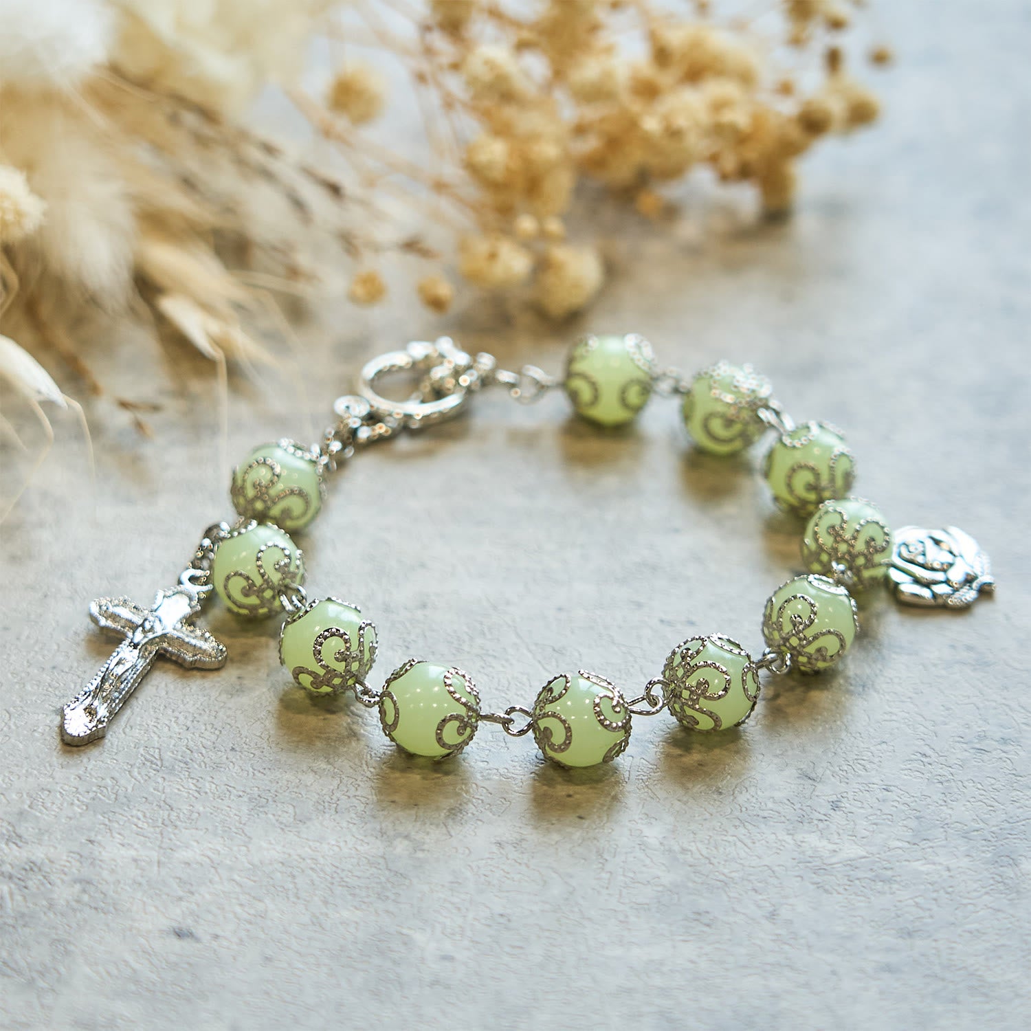 Christianartworkshop Green Beads Crucifix Rose Luminous Bracelet