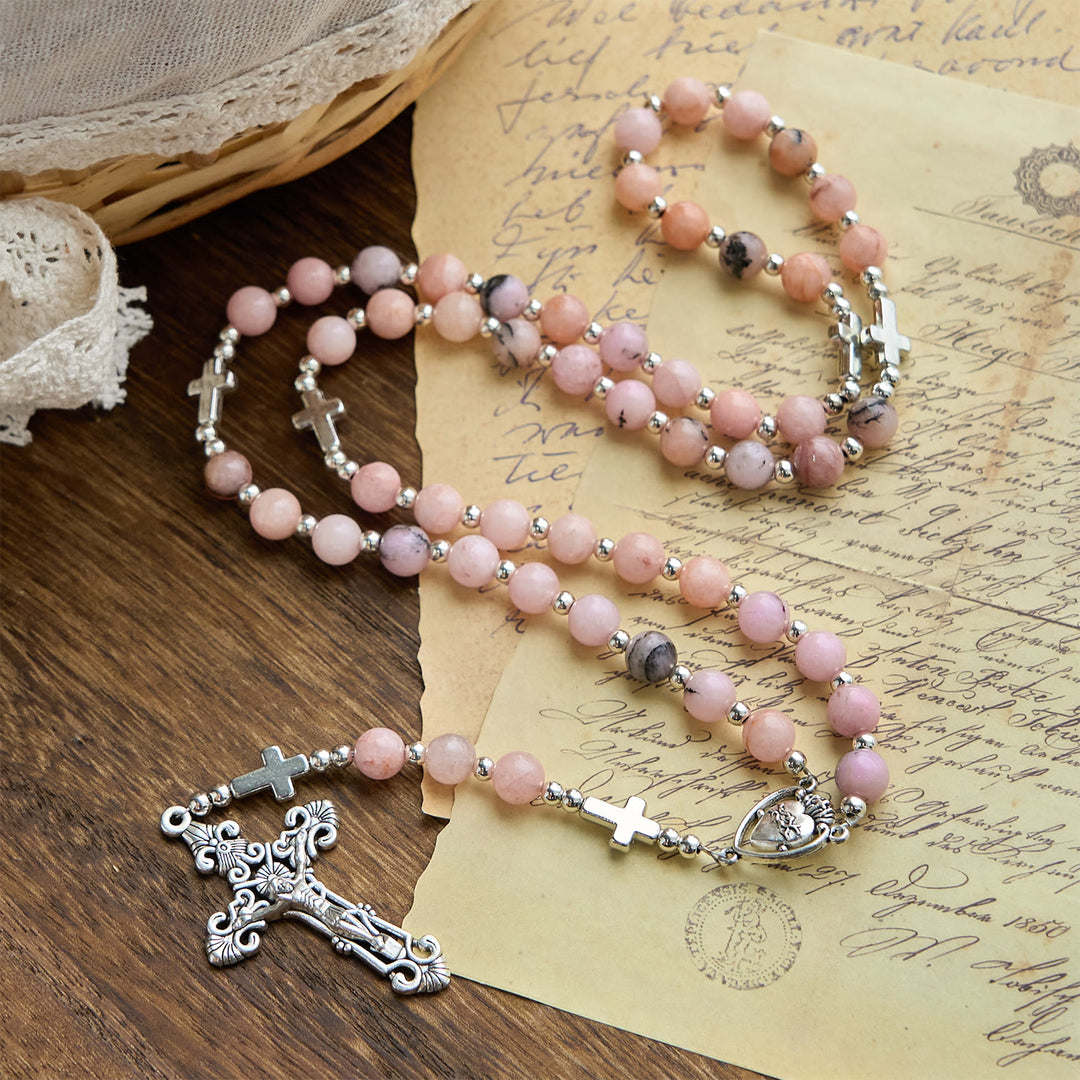 FREE Today: Handmade Rosary with Pink Round Beads & Crucifix – A Floral Tribute to the Sacred Heart - Floral Rosary - image 0