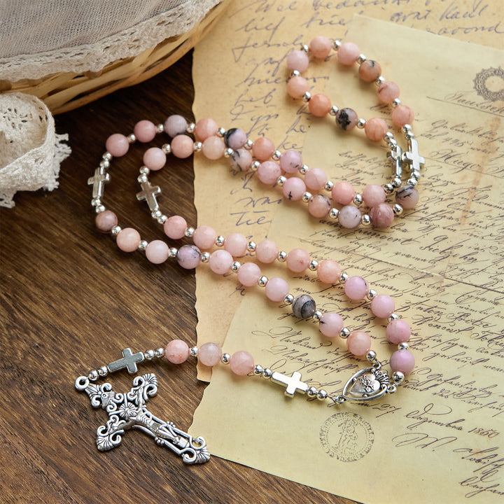 FREE Today: Handmade Rosary with Pink Round Beads & Crucifix – A Floral Tribute to the Sacred Heart - Floral Rosary - image 0