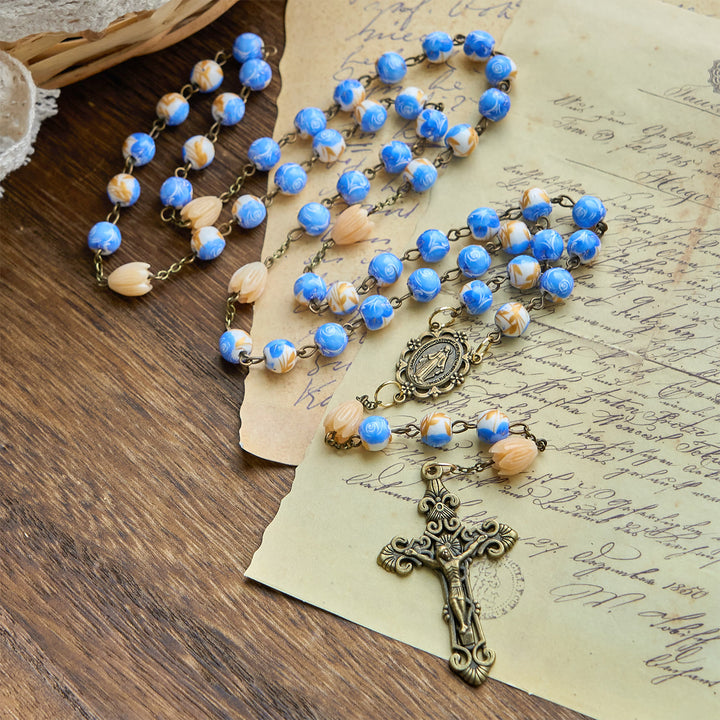 Christianartworkshop Handmade Floral Rosary with Blue Rose Beads & Lily of Valley: A Peaceful Companion