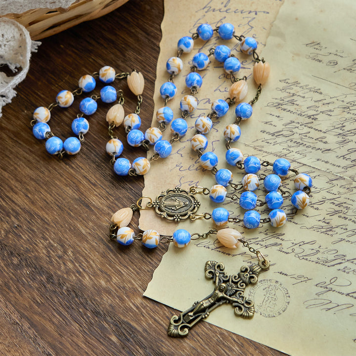 Christianartworkshop Handmade Floral Rosary with Blue Rose Beads & Lily of Valley: A Peaceful Companion